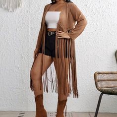 Brown Plus Sz Fringe Hem Beaded Detail Open Front Coat Vest 90% Polyester 10% Elastane Fringed Vest Outfit, Suede Fringe Vest, Fringe Vest, Vest Coat, Suede Fringe, Vest Outfits, Brown Suede, Front Open, Jackets For Women