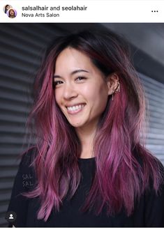 Fuscia Highlights In Brown Hair, Highlighted Pink Hair, Trending Hair Dye Ideas, Pink Lowlights In Black Hair, Brunette With Peekaboo Color, Purple Hair Brunette, Peekaboo Hair Color Brunettes, Pop Of Color Hair, Plum Hair Color Ideas