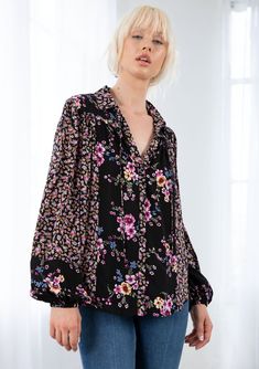 Mixed Floral Bohemian Button-Up Blouse | LOVESTITCH Fall Tops With Printed Balloon Sleeves, Fall Tops With Balloon Sleeves And Printed Details, Balloon Sleeve Floral Print Tops For Daywear, Fall Printed Tops With Balloon Sleeves, Chic Floral Print Top With Lantern Sleeves, Floral Print Balloon Sleeve Tops For Fall, Chic Printed Blouse With Balloon Sleeves, Feminine Floral Print Blouse With Balloon Sleeves, Spring Lantern Sleeve Printed Blouse