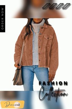 Ripped Hem Oversized Tan Corduroy Trucker Jacket Best Winter Cord Coat Womens Fall Denim Jacket With Corduroy Collar, Trendy Brown Denim Jacket With Pockets, Oversized Denim Jacket For Fall, Oversized Brown Corduroy Outerwear, Casual Corduroy Collared Outerwear, Trendy Brown Outerwear With Corduroy Collar, Casual Collared Corduroy Outerwear, Spring Outerwear With Corduroy Collar, Oversized Corduroy Outerwear With Pockets