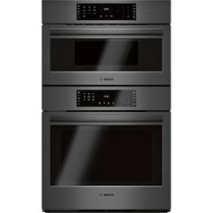 two black ovens side by side with the same door and one on each side