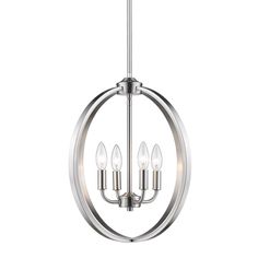 a chrome chandelier with three lights hanging from the center and two circular rings at the bottom