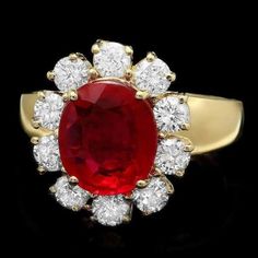 For Sale on 1stDibs - 4.60 Carats Impressive Red Ruby and Natural Diamond 14K Yellow Gold Ring Total Red Ruby Weight is: Approx. 3.40 Carats Ruby Measures: Approx. 10.00 x 8.00mm Gia Certified Gold Ruby Ring For Wedding, Gia Certified Yellow Gold Ruby Wedding Ring, Red Cluster Ring With 17 Jewels For Wedding, Gia Certified Red Rings For Wedding, Gia Certified Red Ring For Wedding, Gia Certified Red Fine Jewelry For Wedding, Gia Certified Red Wedding Ring, Unique Engagement Rings Rose Gold, Gemstone Diamond Ring