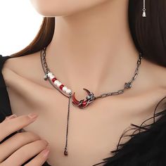 Gothic Clavicle Chain Jewelry For Halloween, Punk Alloy Jewelry For Halloween, Black Alloy Jewelry For Halloween, Gothic Alloy Clavicle Chain Jewelry, Emo Dangle Metal Jewelry, Black Alloy Halloween Jewelry, Emo Style Metal Dangle Jewelry, Red Fantasy Jewelry For Halloween, Punk Metal Jewelry For Gifts