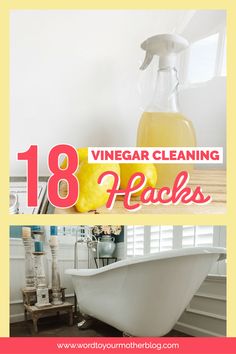 Looking for ways to clean with vinegar? These DIY vinegar cleaning solutions are amazing! Whether you’re searching for vinegar cleaning spray recipes to clean floors, the microwave or bathrooms this collection of 18 homemade vinegar cleaning hacks has you covered! Find out how you can easily clean difficult areas like soap scum in bathrooms, hard stains in toilets, and stainless steel in the kitchen with vinegar! Vinegar Cleaning Hacks, Clean With Vinegar, Vinegar Cleaning Solution, Homemade Vinegar, Toilet Stains, Clean Bathtub