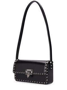 Height: 14cm Width: 25cm Depth: 6cm. Minimum strap drop: 31cm. Maximum strap drop: 55cm. Detachable adjustable leather strap. Front flap with clasp closure. Logo detail. Embellished with studs