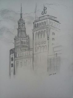 a drawing of two buildings in the sky