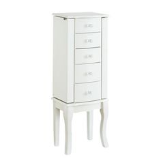 a white wooden cabinet with drawers on the bottom and two legs, against a white background