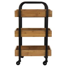 a three tiered wooden cart with black wheels and wood trays on the bottom