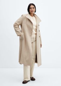 Belted manteco wool coat - Women | Mango USA Wool Coat Women, Linen Suit, Linen Blazer, Italian Fabric, Mixing Fabrics, Funnel Neck, Straight Pants, Tweed Jacket, Oversized Shirt