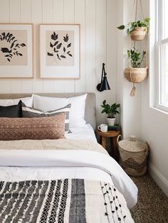 a bedroom with two plants hanging on the wall