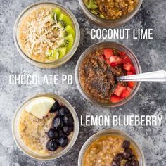 four bowls filled with different types of food and the words coconut lime chocolate pb lemon blueberry