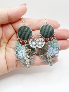 Fancy artisanal bohemian chic and wintery gray and silver cabochon imitation corduroy chic and unique earrings Handmade Gray Dangle Earrings, Bohemian Gray Dangle Jewelry, Nickel-free Gray Metal Jewelry, Handmade Gray Drop Earrings, Bohemian Gray Dangle Earrings, Handmade Gray Metal Jewelry, Bohemian Chic, Unique Earrings, Chandelier Earrings