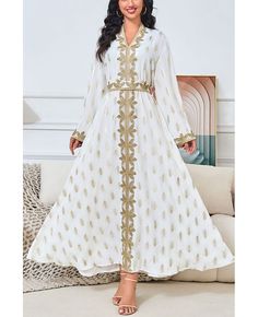 Get 10% off now! Buy white with gold vneck embroidered kaftans abaya dress for women at cheap price online. Free stable shipping and pro custom service since 2009. White Floor-length Dress With Gold Embroidery, Gold V-neck Kaftan For Wedding, Elegant White V-neck Kaftan, Elegant White V-neck Thobe, White Dress With Gold Embroidery For Eid, Gold Floor-length Abaya With Gold Embroidery, Gold Embroidered Floor-length Abaya, White Floor-length Kaftan For Festive Occasions, Festive Floor-length White Kaftan