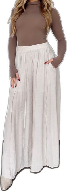 Neutral Wide-leg Lounge Pants, Beige Cotton Wide Leg Full-length Pants, Beige Ankle-length Wide Leg Loungewear Pants, Flowy Wide-leg Rayon Pants, White Rayon Wide-leg Pants, Neutral Pants, Dinner With Friends, Pocket Detail, Soft Fabrics