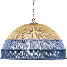 a blue and white lamp hanging from a chain