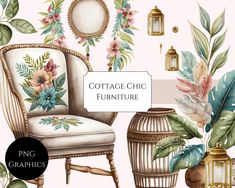 the cottage chic furniture is decorated with tropical leaves and flowers, including a birdcage