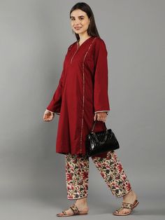 Bing Cherry Maroon Loose V Neck Kurta In Bell Sleeves With Ivory Floral Straight Pant Bing Cherry Maroon kurta with playful summer floral print pant Kurta can also be styled just as a dress Cotton poplin kurta with lace neck line, bishop sleeve and elasted pant waistband detail for relaxed summer look Cold wash and Dry clean only Product doesn't have lining Lining Material: No lining Pattern: Solid, Floral Print Fit: Loose Model Height: The model (height 5'7", Chest 34", Waist 28", Hip 38") is w V Neck Kurta, Lining Pattern, Bing Cherries, Print Pant, Lace Neck, Floral Print Pants, Bishop Sleeve, Dress Cotton, Summer Floral