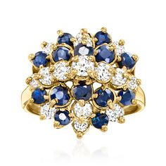 Ross-Simons - C. 1980 Vintage 1.50ct t. w. Sapphire, 1.25ct t. w. Diamond Cluster Ring Size 6.5. C. 1980. Perfect for celebrating a milestone September birthday, our festive Estate collection cluster ring lights up your look with 1.50 ct. t. w. round sapphires and 1.25 ct. t. w. round brilliant-cut diamonds in polished 14kt yellow gold. 5/8" wide. Diamond and sapphire cluster ring. Exclusive, one-of-a-kind Estate Jewelry. Sapphire birthstones are the perfect gift for September birthdays. Sapphire Cluster Ring, Ring Lights, Jewelry Presentation, Vintage Sapphire Ring, Sapphire Birthstone, Antique Jewelry Rings, September Birthday, Round Sapphire, Vintage Sapphire