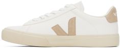 Low-top grained ChromeFree® leather sneakers in white and beige. · Lace-up closure · Logo embossed at padded tongue · Padded collar · Logo stamp at outer side · Suede logo appliqué at sides · Logo printed at suede heel tab · Mesh lining · Treaded rubber sole Supplier color: Extra white/Almond Beige Sneakers With Vulcanized Sole For Everyday, Beige Leather Sneakers With Logo, Beige Round Toe Sneakers With Logo, Beige Logo Sneakers For Streetwear, Sporty Beige Sneakers With Logo, Beige Lace-up Sneakers With Logo, Cream Lace-up Sneakers With Logo, Cream Leather Sneakers With Logo, Everyday Cream Leather Sneakers