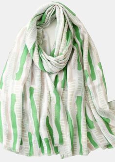 a large scarf with a light color background and lime colored bars and tan patterened sections Spring Green Cotton Scarves, Green Cotton Scarves For Spring, Trendy Patterned Scarf For Spring, White Artistic Scarves For Spring, Artistic White Scarf For Spring, Artistic White Scarves For Spring, Your Outfit, Hand Made Jewelry, Scarfs