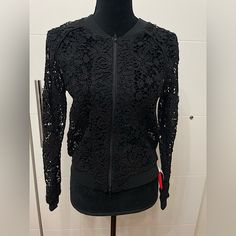 Tsi Lace Bomber New Black S Pit To Pit 17 Total Length 21 Inches Corton Black Lace Long Sleeve Outerwear, Black Lace Party Outerwear, Twin Set, Lace Crochet, Bomber Jackets, Black Jacket, New Black, Bomber Jacket, Jackets For Women