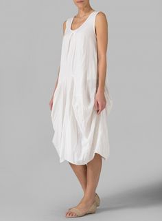 Linen Sleeveless Draped Dress Elegant Ruched Bubble Dress, Elegant Sleeveless Bubble Dress, Elegant Sleeveless Ruched Bubble Dress, Elegant Ruched Sleeveless Dress For Daywear, Elegant Flowy Sleeveless Linen Dress, Summer Draped Daywear Dresses, Summer Midi Dress With Pleated Bodice, Elegant White Maxi Dress With Gathered Neckline, Elegant Flowy Linen Daywear Dress