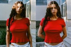 two pictures of a woman in red shirt and white skirt with her hands on her hips