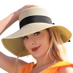 PRICES MAY VARY. 🌴 Suitable Size -The beach hats for women is suitable for most people. Height (above the top) is 5.11 inches; The brim is 4.52 inches wide; The inner circumference is about 22.8-23.6 inches. Our wide brim hats for women help to cover your face, neck and ears, thereby protecting your skin from rays and possibly preventing age spots. 🌴 Stylish Design - UPF 50+ beach hat is made of premium straw fabric that is lightweight and breathable, will keep you cool even in the hottest mid Wide Brim Bucket Hat With Upf 50+ For Sunbathing, Upf 50+ Wide Brim Bucket Hat For Sunbathing, Lightweight Short Brim Hat For Sunbathing, Adjustable Packable Sun Hat For Sunbathing, Packable Hats For Sunbathing In Spring, Packable Hats For Spring Sunbathing, Packable Hats For Spring, Summer Packable Bucket Hat, Packable One Size Fits Most Summer Hat