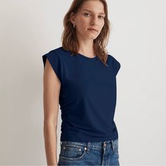 Madewell Side-Cinch Muscle Tee T-Shirt Color: Dark Nightfall Blue Size Xs Cotton Blend Length 20.5’ From Armpit To Armpit 16’ New With Tags Navy Short Sleeve Tops For Loungewear, Madewell Top, Cell Phone Holster, Phone Holster, Muscle Tee, Walker Boots, Pajama Shirt, Muscle Tees, Fit N Flare Dress