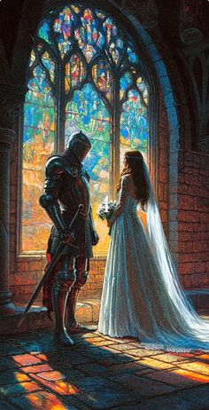 a man and woman dressed in medieval clothing standing next to each other near a stained glass window