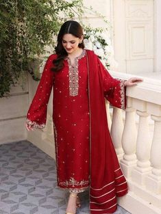 Elegant Chinon Lawn Suit For Navratri, Elegant Lawn Suit With Mirror Work For Navratri, Festive Chinon Salwar Kameez With Dabka, Festive Chinon Salwar Kameez With Dabka Detail, Festive Dabka Detailed Salwar Kameez In Chinon, Bollywood Red Lawn Suit For Wedding, Elegant Red Chanderi Lawn Suit, Eid Traditional Nida Wear With Mirror Work, Eid Lawn Suit With Mirror Work In Chinon