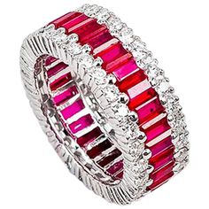 Eternity Ruby Ring use the top quality Ruby which make in invisible setting.It is a classic luxury elegant style that you can use many occasions.You can use on everyday and the evening party too. We set the stone in perfection as we are professional in this kind of setting more than 40 years.The invisible is a highly technique .We cut and groove every stone .Therefore; we can guarantee the quality of setting.The Ruby is top quality .It is deep red and very sparking. Ruby use 6.35 ct, Diamond 1.7 Ruby Eternity Band, Ruby Band Ring, Ruby Diamond Ring, Gold Anniversary Rings, Diamond Ring Set, Wedding Anniversary Rings, Diamond Anniversary Rings, Anniversary Jewelry, Ruby Earrings