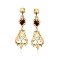 Ross-Simons - C. 1975 Vintage 2.00ct t. w. Garnet Heart Drop Earrings in 14kt Yellow Gold. C. 1975. Moody and romantic! Glowing with 2.00 ct. t. w. heart-shaped garnets, these 14kt yellow gold drop earrings from our Estate collection showcase warm color and ornamental details, like artful curves and charming openwork. Hanging length is 1 5/8". Non-pierced screw, garnet heart drop earrings. Exclusive, one-of-a-kind Estate Jewelry. Garnet birthstones are the perfect gift for January birthdays. Classic Formal Heart-shaped Drop Earrings, Classic Heart-shaped Earrings For Formal Occasions, Classic Formal Heart Drop Earrings, Classic Formal Heart Shaped Drop Earrings, Classic Dangle Earrings For Valentine's Day, Formal Heart Cut Earrings For Pierced Ears, Classic Valentine's Day Dangle Earrings, Valentine's Day Classic Dangle Earrings, Classic Pierced Earrings For Valentine's Day