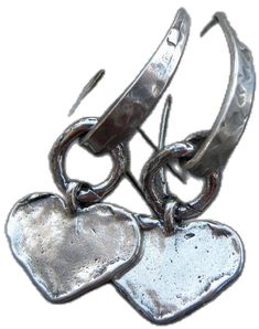 Artistic Hand Forged Sterling Silver Earrings, Handmade Silver Heart Earrings For Valentine's Day, Artistic Heart-shaped Sterling Silver Jewelry, Silver Handmade Double Heart Earrings, Handmade Silver Double Heart Earrings, Unique Nickel-free Heart-shaped Earrings, Handmade Artisan Heart Dangle Earrings, Nickel-free Unique Heart Earrings, Artisan Handmade Heart Dangle Earrings