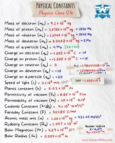 an image of physical constants for physics class 12h with notes on the topic