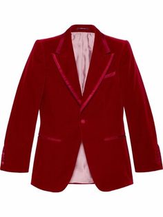 Gucci's Aria collection is a celebration of the house's centenary year and evokes its heritage, craftsmanship and Greek-inspired aesthetic. With a refined velvet finish, this deep red blazer is cut for a tailored fit and fastens at the front with a button fastening whilst boasting statement peak lapels and strong structured shoulders.

Made in Italy

Composition

Outer: Satin 100%, Velvet 100%

Lining: Silk 100%

Product IDs

FARFETCH ID: 17443107

Brand style ID: 671978Z4716 Gucci Notch Lapel Outerwear With Double Button, Designer Single Button Blazer With Suit Collar, Designer Single Button Blazer With Lapel Collar, Designer Single Button Formal Blazer, Designer Silk Winter Blazer, Designer Silk Blazer For Winter, Gucci Elegant Blazer With Double Button Closure, Gucci Notch Lapel Suit For Formal Occasions, Gucci Notch Lapel Suits For Work