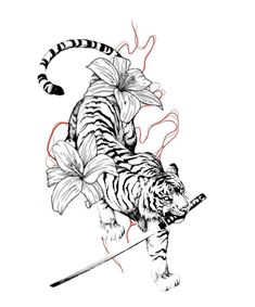 a drawing of a tiger with flowers on it's back and the tail extended