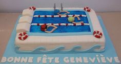 a cake shaped like a swimming pool with people in it and the words bonnie ete genieve