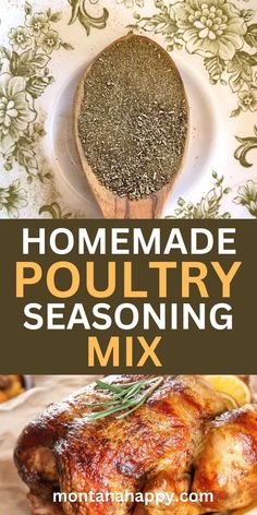 homemade poultry seasoning mix in a white bowl with a wooden spoon next to it