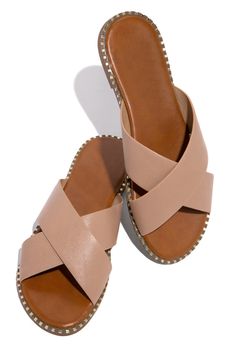 Miss Lola | Natural Slip-On Flat Sandals – MISS LOLA Vacay Essentials, Summer Flat Sandals, Summer Sandals Flat, Miss Lola, Nude Sandals, Sandals Flat, Cross Straps, Flat Sandals, Slip On Sandal