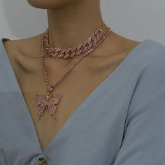 Accessory | Designed for maximum comfort and durability with styles ranging from basic colors, retro prints, and detailed embroidery. Trendy Pink Rhinestone Jewelry, Big Butterfly, Double Necklace, Double Layer Necklace, Butterfly Effect, Butterfly Pendant Necklace, Rain Forest, Layered Chains, Chain Fashion