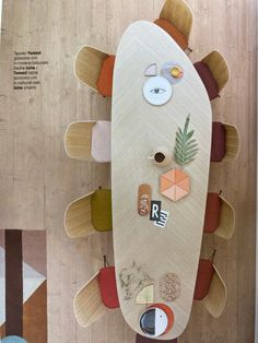 an overhead view of a surfboard with various items on it