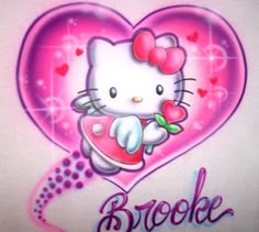 a hello kitty heart with the word brooke written in pink and purple on it's side