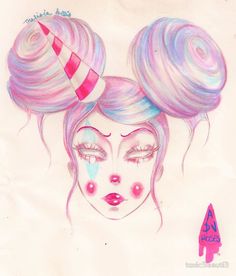 a drawing of two girls with pink hair and clown hats on top of their heads