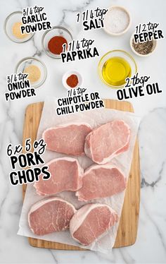 raw pork chops are shown on a cutting board with ingredients labeled in the following words