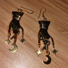 Dangling Gold-Tone Earrings - Hands With Moons And Stars - Silly Earrings, Fantasy Earrings, Stars And Moons, Moons And Stars, Pink Stud Earrings, Goth Accessories, Beads Craft Jewelry, Shrinky Dink, Moon And Star Earrings