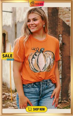 Orange Pumpkin Graphic Print Crew Neck T Shirt Casual Fall Tops With Short Sleeves, Fall Relaxed Fit Short Sleeve Tops, Relaxed Fit Short Sleeve Tops For Fall, Casual Graphic Print T-shirt For Fall, Orange Crew Neck Top With Graphic Print, Casual Orange T-shirt With Screen Print, Casual Fall T-shirt, Fall Casual Crew Neck T-shirt, Casual Crew Neck T-shirt For Fall