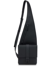 black calf leather grained texture asymmetric design front zip-fastening pocket adjustable shoulder strap foldover top clasp fastening internal slip pocket main compartment Designer Black Saddle Bag For Business, Designer Black Saddle Bag With Removable Pouch, Designer Black Leather Saddle Bag, Black Flap Saddle Bag For Formal Occasions, Black Formal Flap Saddle Bag, Modern Black Flap Bag, Modern Flap Bag With Removable Pouch For Business, Designer Crossbody Saddle Bag For Business, Designer Leather Satchel With Zipper Pocket