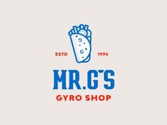 the logo for mr c's gyro shop is shown in blue and red